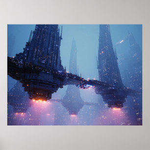 Póster Paisaje urbano futurista con estructuras flotantes
