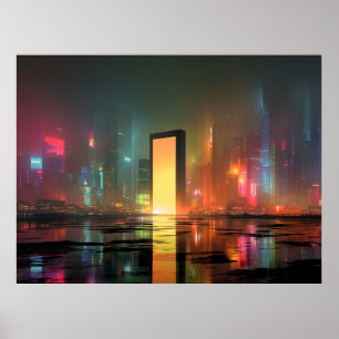 Póster Paisaje urbano futurista con reflejos de neón