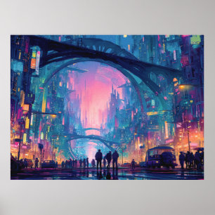 Póster Paisaje urbano futurista de ciberpunk con arcos br