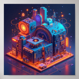 Póster Paisaje urbano futurista exhibiendo vibrante neón