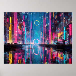 Póster Paisaje urbano futurista vibrante de neón nocturno