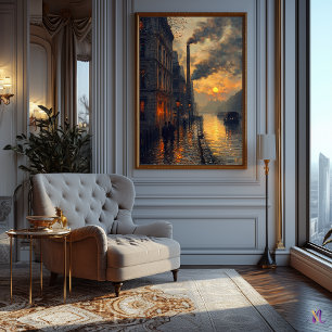 Póster Paisaje urbano industrial al atardecer estilo impr
