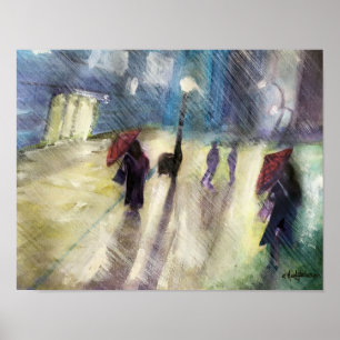 Póster Paisaje urbano lluvioso - poster