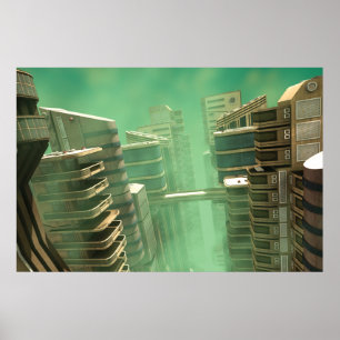 Póster Paisaje urbano megaciudad retrofuturista