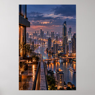 Póster Paisaje urbano moderno junto al río por la noche e