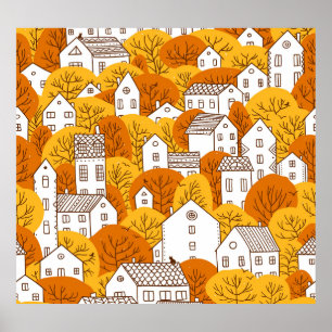 Póster Paisaje urbano otoñal, patrón de casas de árboles.