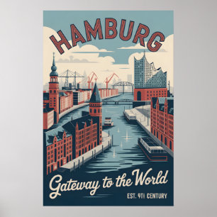 Póster Paisaje urbano retro de Hamburgo Alemania Viajes 