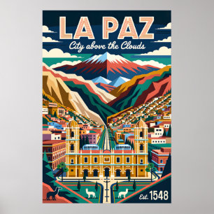 Póster Paisaje urbano vintage de La Paz Bolivia Viaje ret