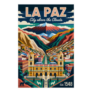 Póster Paisaje urbano vintage de La Paz Bolivia Viaje ret