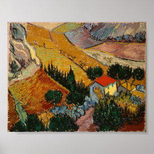 Póster Paisaje Van Gogh con Casa y Flores