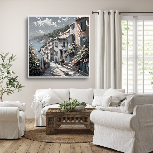 Póster Paisaje veraniego de aldea francesa cerca del Post (French Village Summer Landscape by the Sea Poster Mockup 1)