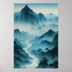 Póster Paisaje Verde azulado de niebla azul pintado en Ch