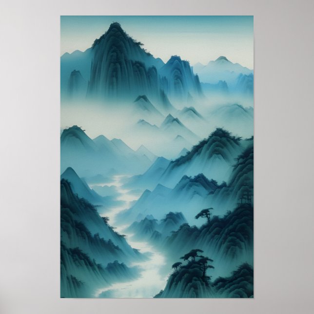 Póster Paisaje Verde azulado de niebla azul pintado en Ch (Frente)
