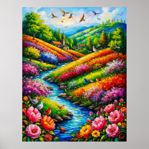 Póster Paisaje vibrante con flores floreciendo
