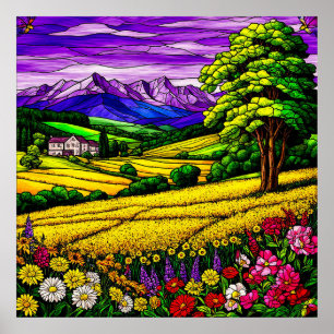 Póster Paisaje vibrante del campo y vistas de montañas