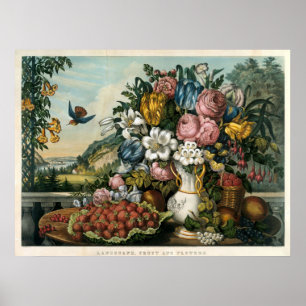 Póster Paisaje vintage de Currier & Ives con frutas y flo