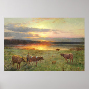 Póster Paisaje vintage del lago al atardecer con vacas Ar