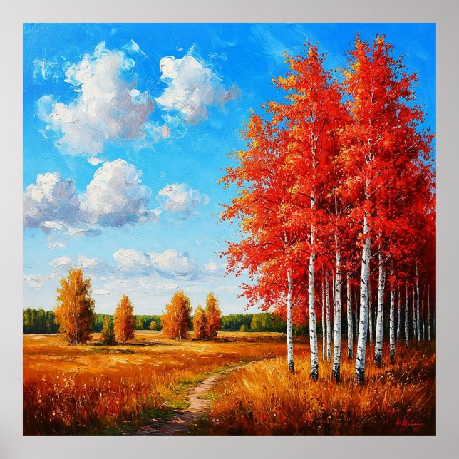 Póster Paisaje Vivid Otumn con árboles rojos y un suave p (Frente)