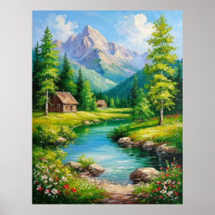 Póster Paisaje vívido con montañas, paisaje fluvial