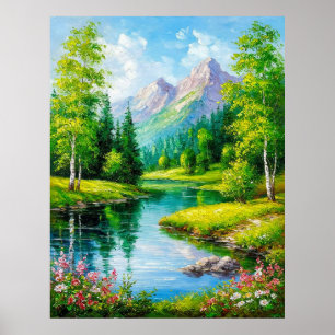 Póster Paisaje vívido con montañas, paisaje fluvial