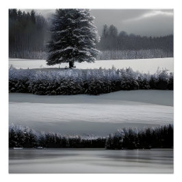 Póster Paisaje y árbol de invierno, negro y blanco - arte