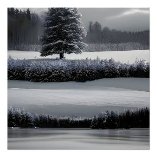 Póster Paisaje y árbol de invierno, negro y blanco - arte