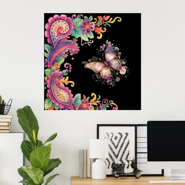 Póster Paisley floral y de mariposas (Oficina en casa)