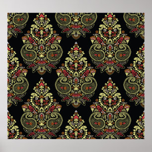 Póster Paisley indio, fondo geométrico negro