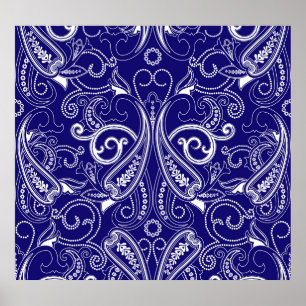 Póster Paisley monocromo: azul, elegancia blanca.