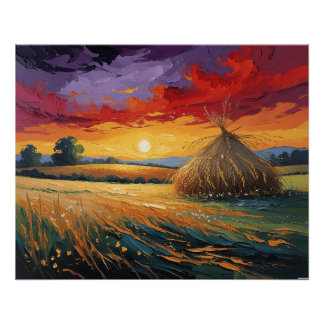 Póster Pajar solitario al atardecer