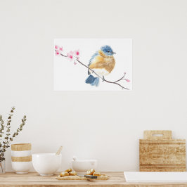 Póster Pajarito acuarela sobre una rama de cerezo