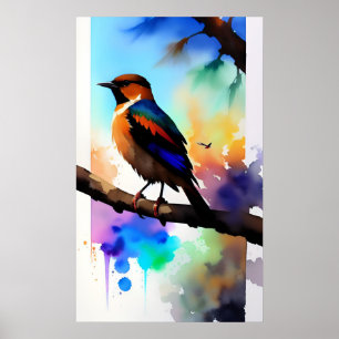 Póster Pájaro acuarela en rama