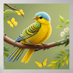 Póster Pájaro Amarillo Vibrante en Rama