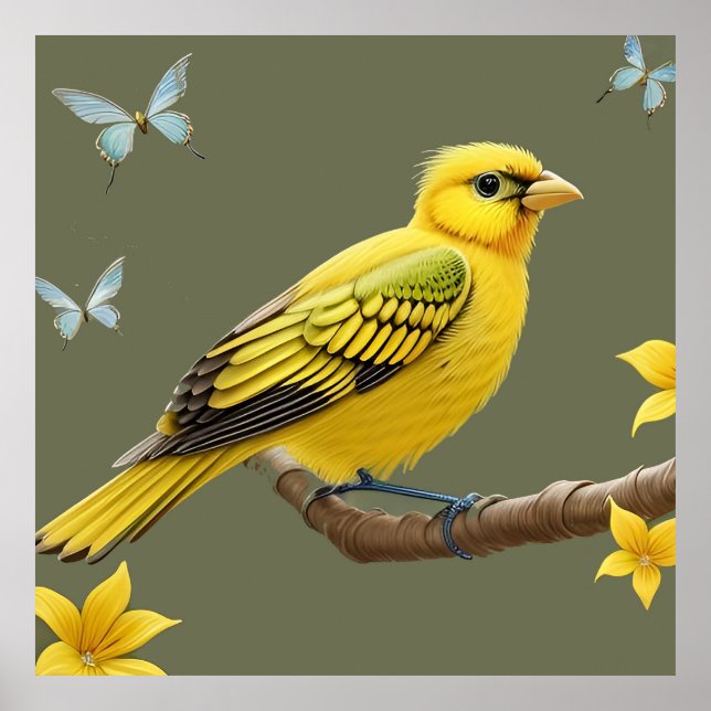 Póster Pájaro Amarillo Vibrante en Rama (Frente)