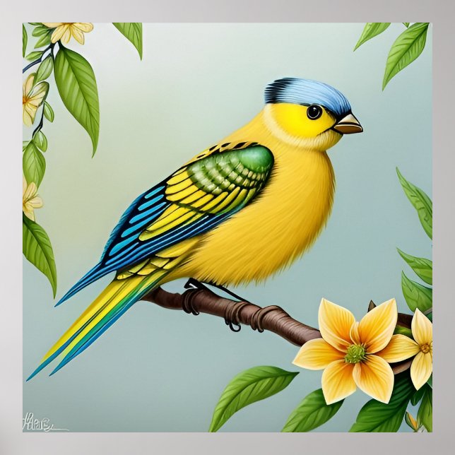 Póster Pájaro Amarillo Vibrante en Rama (Frente)