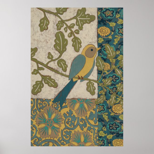 Póster Pájaro azul amarillo y Verde azulado encaramado en (Frente)