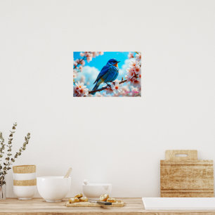 Póster Pájaro azul azur en rama de flor de cerezo