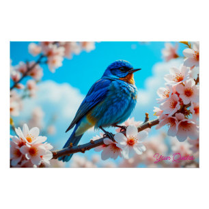 Póster Pájaro azul azur en rama de flor de cerezo
