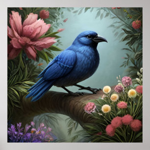 Póster Pájaro Azul Brillante Posado en una Rama