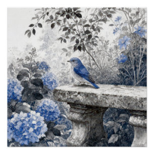Póster Pájaro Azul de Tinta Sobre un Banco de Jardín de P