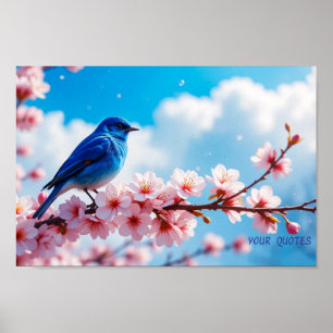 Póster Pájaro Azul en Rama de Flor de Cerezo