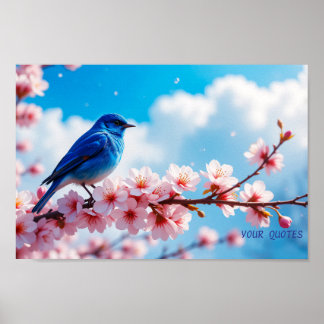 Póster Pájaro Azul en Rama de Flor de Cerezo