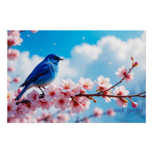 Póster Pájaro azul en rama de flor de cerezo