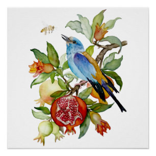 Póster Pájaro Azul Entre Granadas Botánico Acuarela