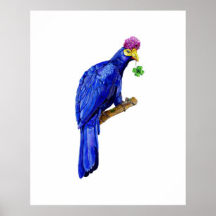 Póster Pájaro Azul - Fantasía de Acuarela Botánica
