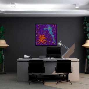 Póster Pájaro azul gráfico y pájaro del paraíso