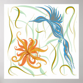 Póster Pájaro azul gráfico y pájaro del paraíso