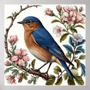 Póster Pájaro azul posado entre flores en flor