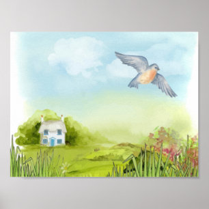 Póster Pájaro azul tranquilo y pequeña casa Paisaje