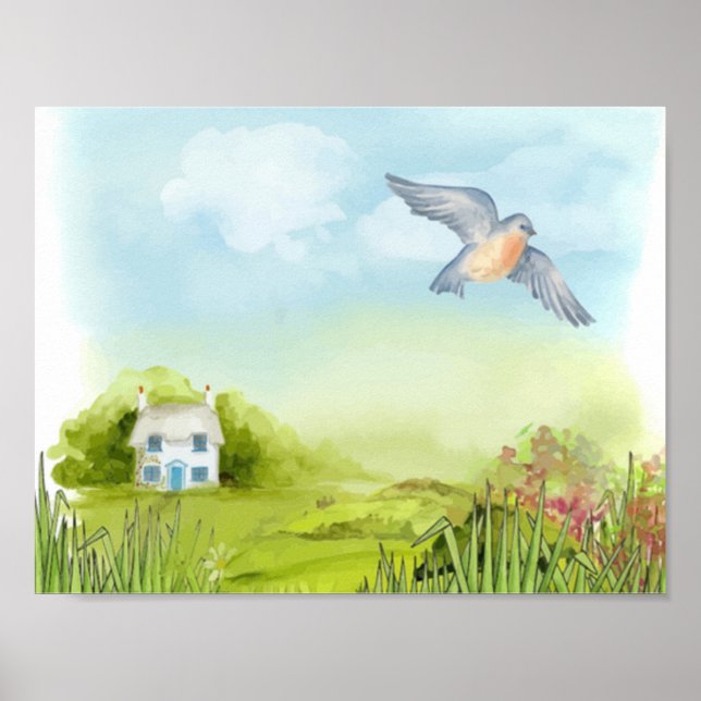 Póster Pájaro azul tranquilo y pequeña casa Paisaje (Frente)
